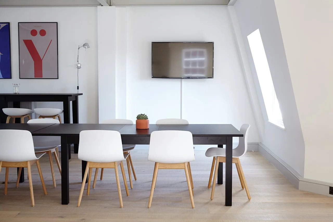 interior, design, tables, chairs, white, wall, floor, meeting, room, office, frame, art, display, tv, meeting, office, office, office, office, office. Coworking spaces: the parts worth your attention