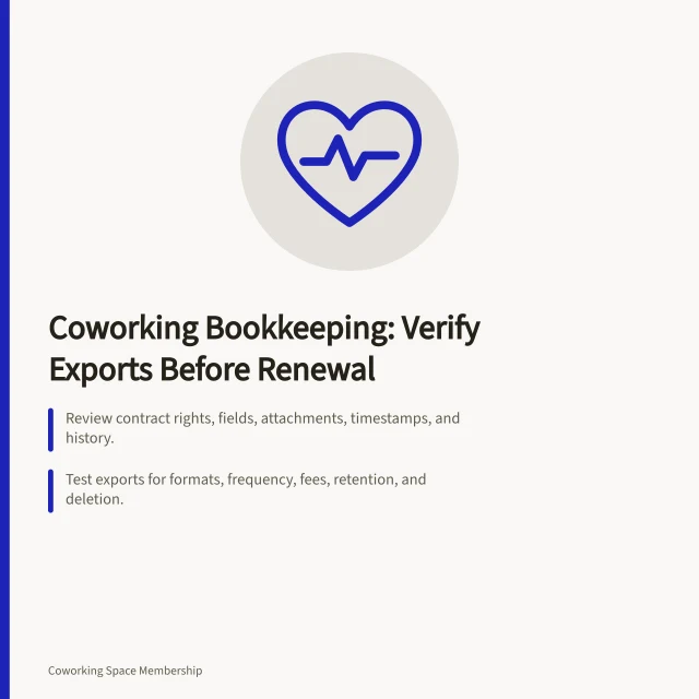 Card summarizing coworking bookkeeping data ownership and export verification steps. The bookkeeping routine that keeps a coworking space solvent