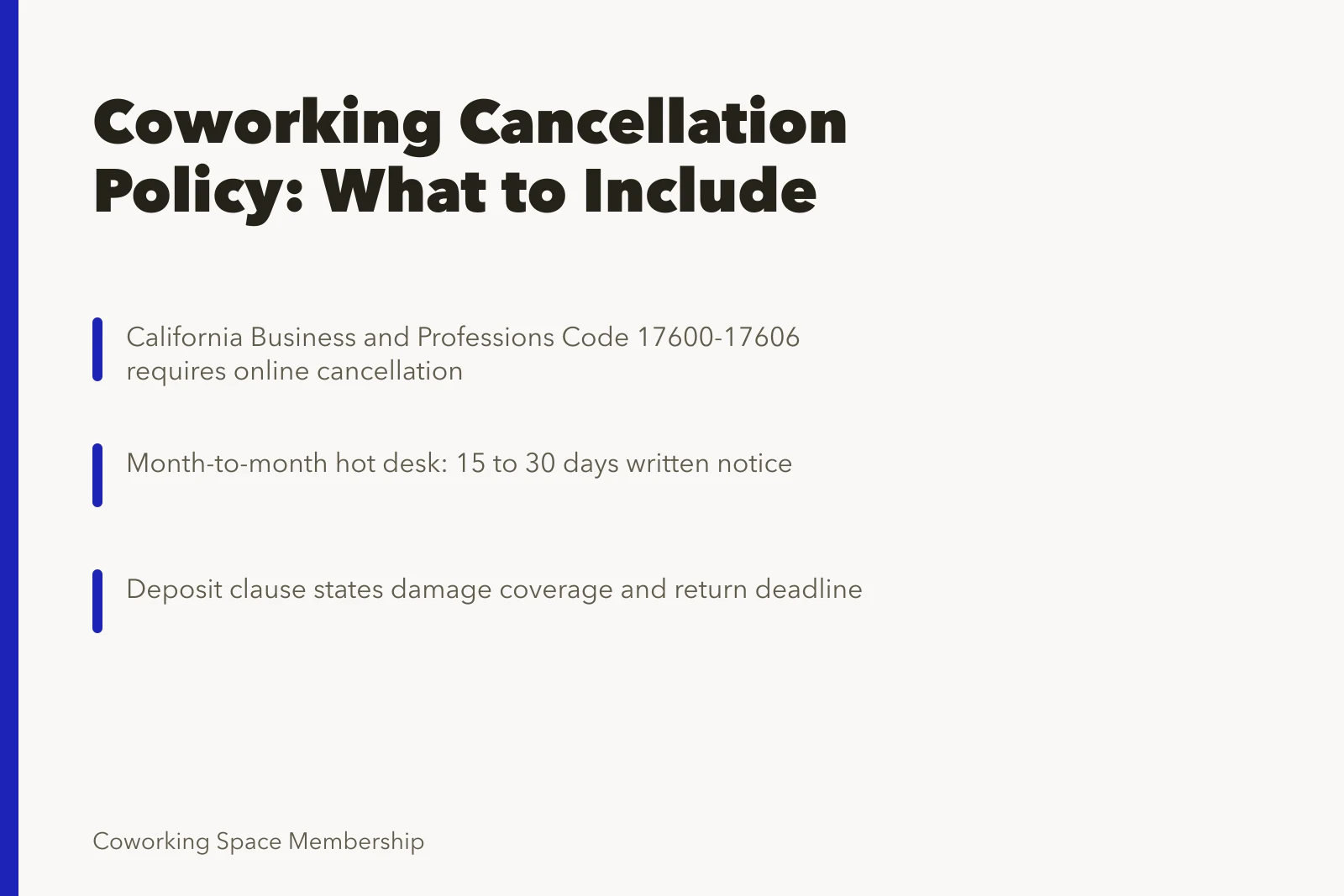 Card summarizing coworking cancellation policy notice, refund, deposit, and California rules. What a coworking space cancellation policy sample should include