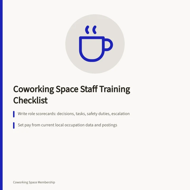 Coworking space staff training checklist with role scorecards and structured selection. Coworking space training: what to cover and when