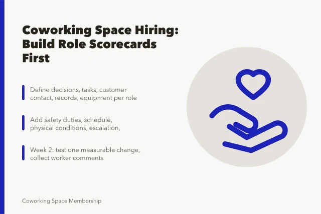 Coworking hiring guide card: role scorecards, safety duties, four-week test plan. Coworking space staffing: from hire to trained