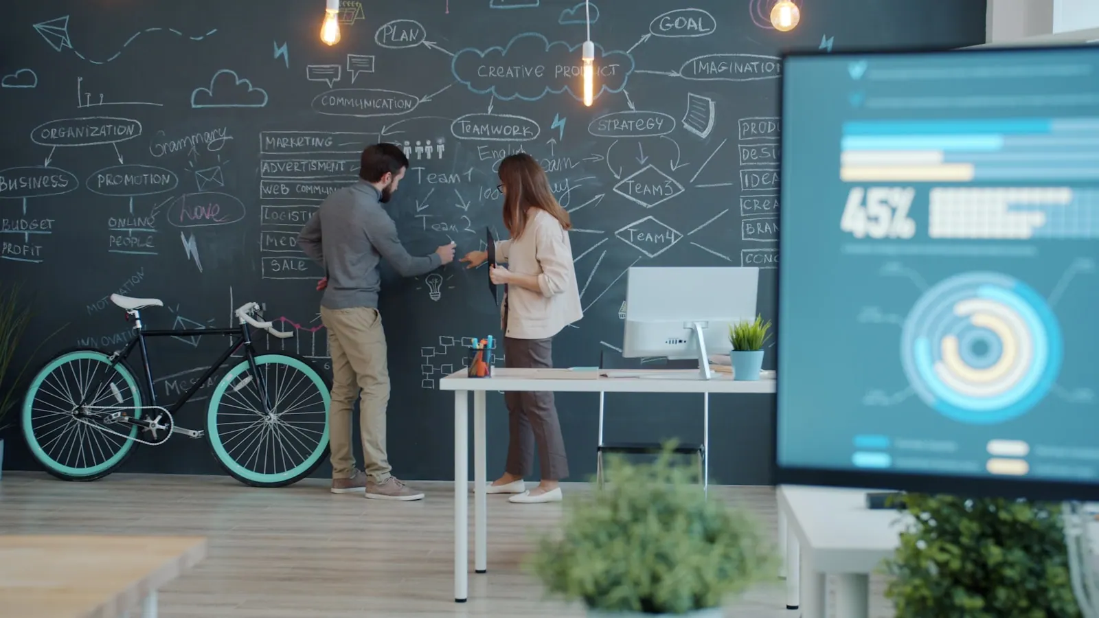 Two people collaborating on a chalkboard with a bicycle Colleagues male and female are talking about business and taking notes on chalkboard wall standing together discussing work. Coworking space KPIs owners should track monthly