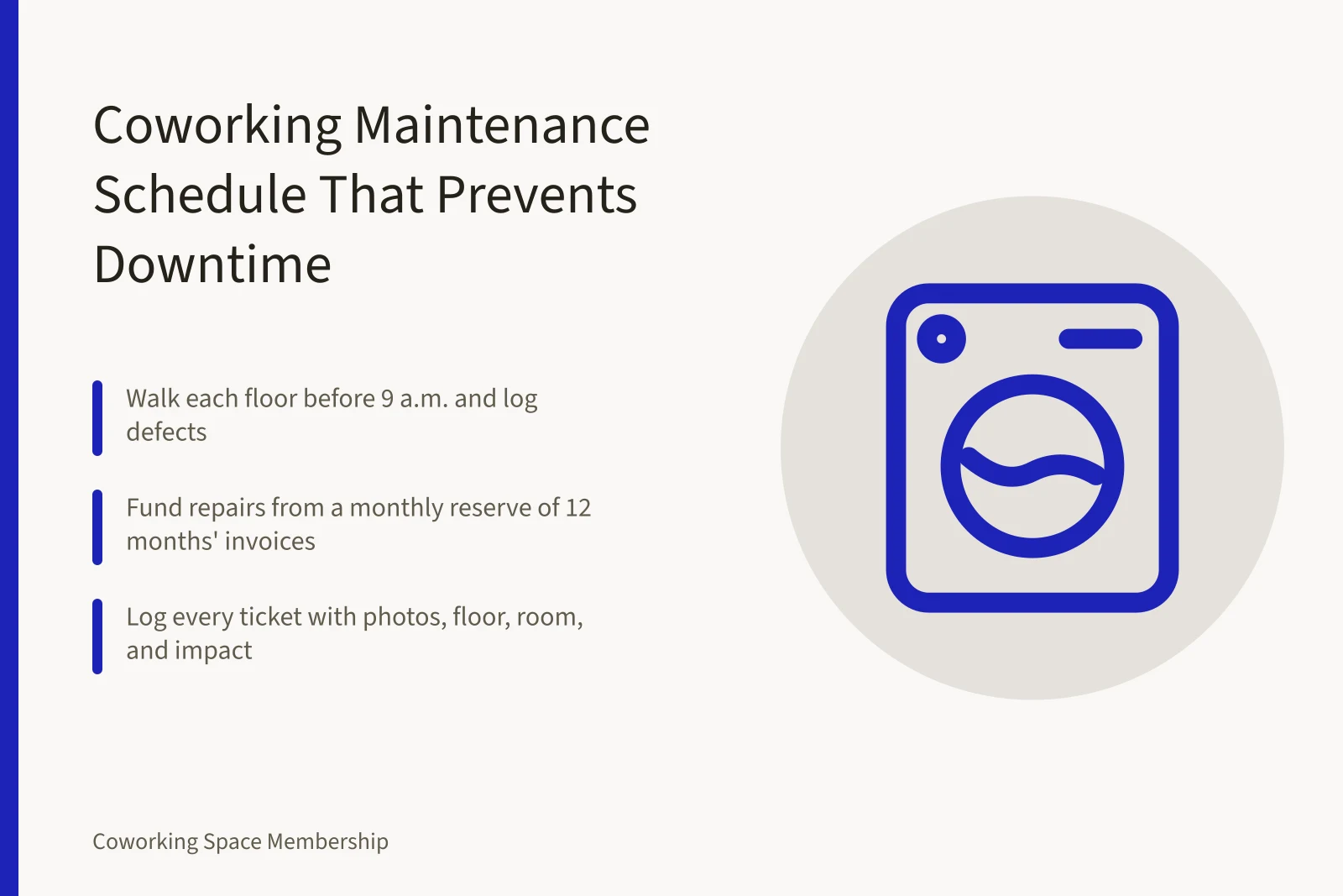 Coworking maintenance schedule card with daily checks, vendor dispatch, and repair reserve. Coworking space maintenance schedule: the routine that prevents downtime