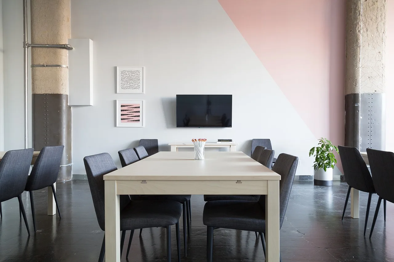 interior, design, tables, chairs, white, wall, floor, meeting, room, office, frame, art, display, tv, meeting, meeting, meeting, meeting, meeting, office. Coworking space meeting room pricing: hourly vs monthly passes