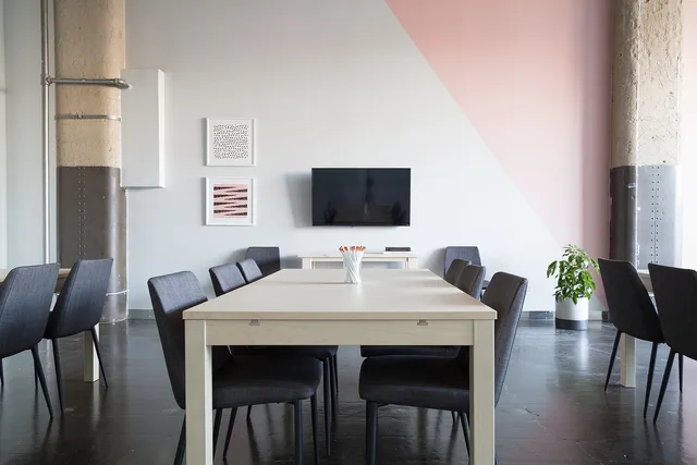 interior, design, tables, chairs, white, wall, floor, meeting, room, office, frame, art, display, tv, meeting, meeting, meeting, meeting, meeting, office. Coworking space meeting room pricing: hourly vs monthly passes