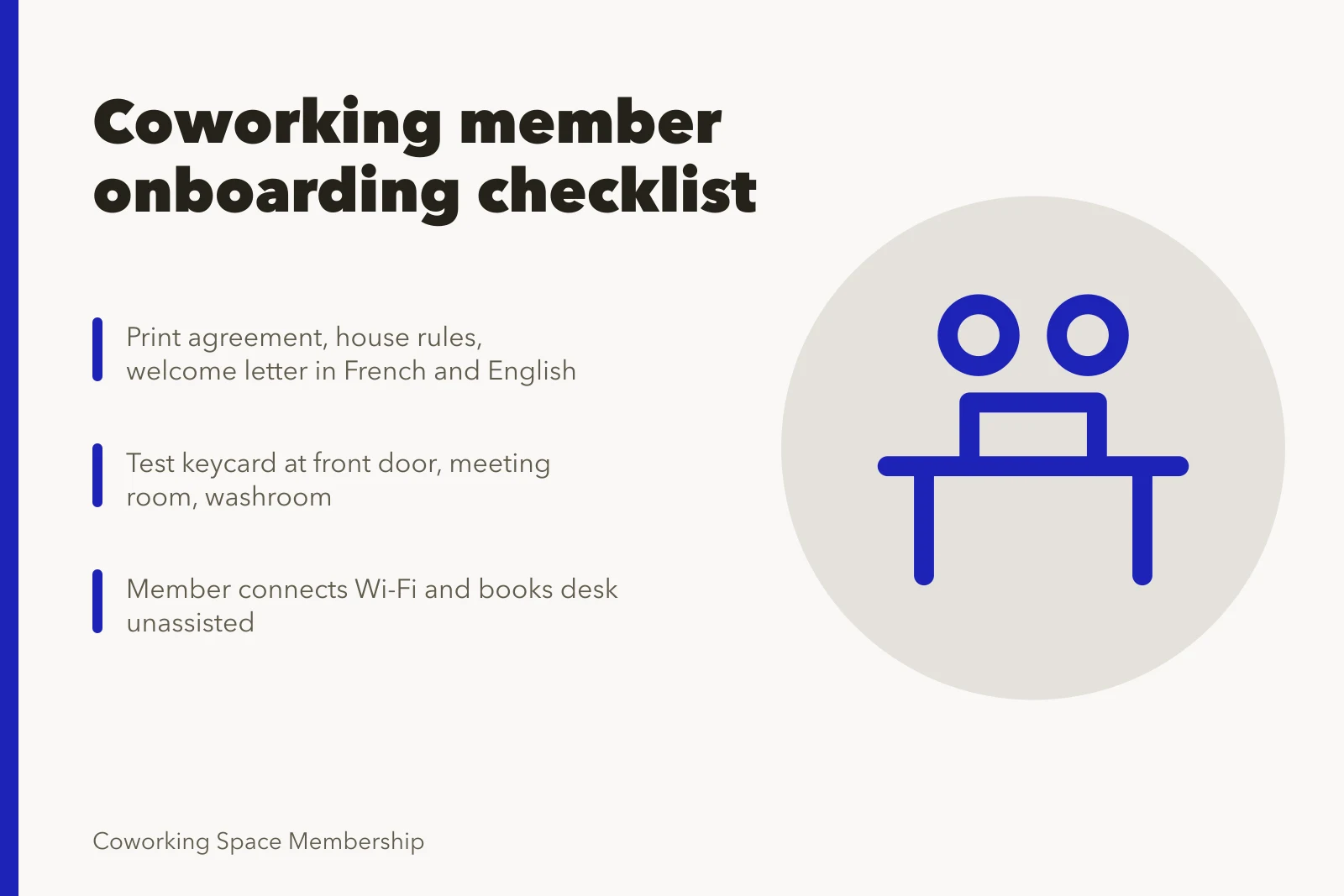 Coworking member onboarding checklist with access, Wi-Fi, and booking tests. How to build a coworking space member onboarding checklist