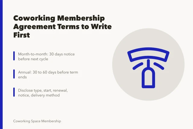 Coworking membership agreement terms: cancellation, renewal notice, and disclosure checklist. Coworking space membership agreement terms: what to write down first