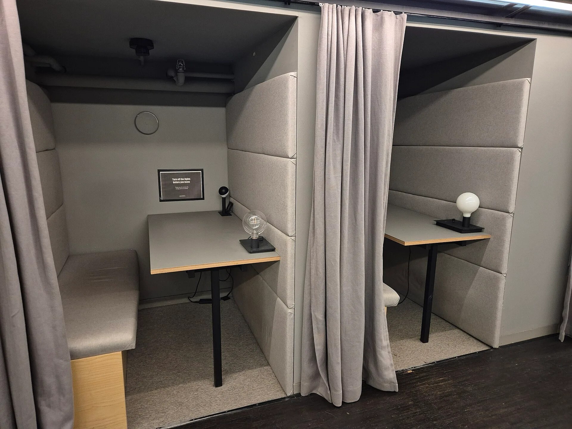 An example of coworking phone booth space in Stockholm, Sweden. This photo is taken in 2026 by a smart phone. Coworking space noise policy examples that members actually follow