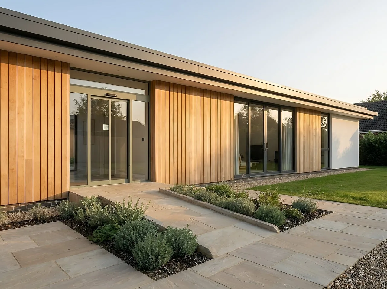 modern bungalow, accessible housing, single-story house, architectural design, eco-friendly architecture, landscaped garden, outdoor patio, sustainable building, home entrance, luxury property, sunny day, modern house architecture, universal design, high angle view, copy space, angled view, garden design, ai in architecture, earth brick usage. ADA compliance guide for US coworking spaces, what operators miss