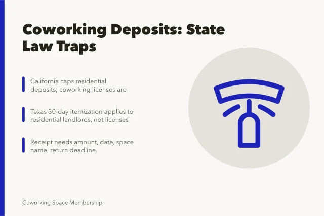 Card on coworking deposit laws and compliance risks by state. Coworking space security deposit laws by state: where operators slip
