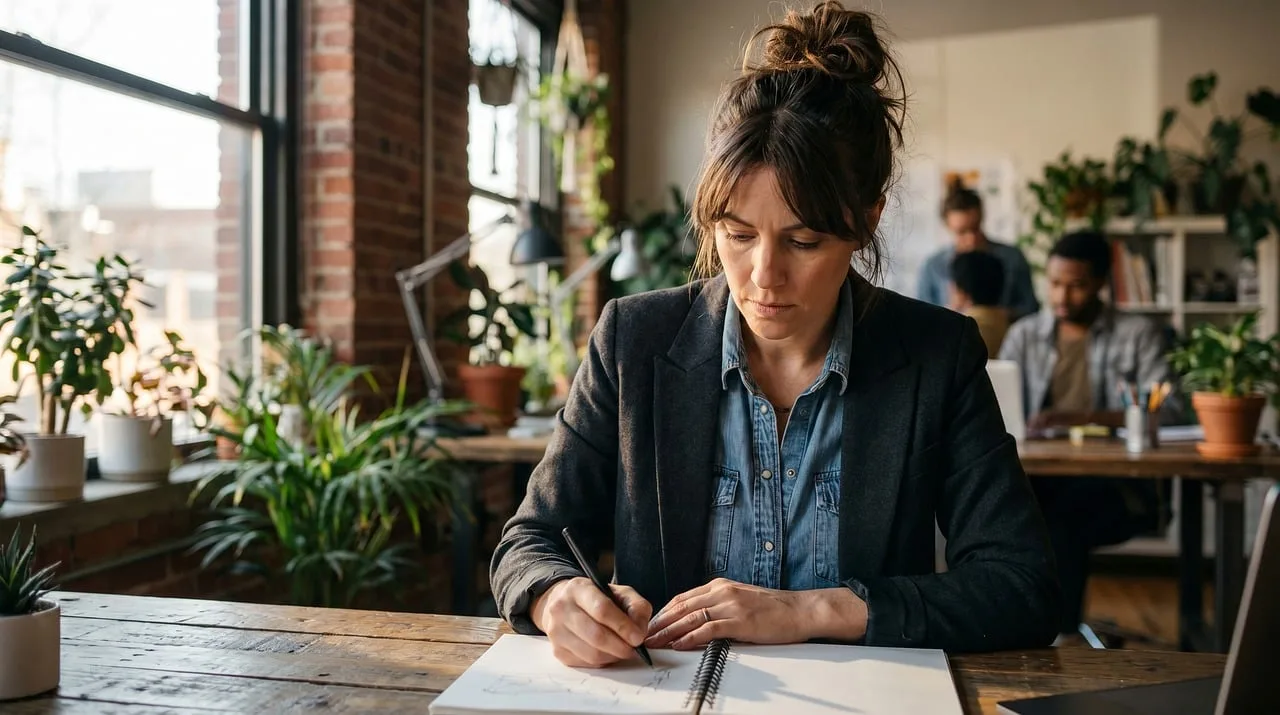 woman, office, desk, working, drawing, modern office, design, architect, planning, indoor, professional, negotiation, teamwork, window, natural light, green plants, brick wall, workspace, office plants, working environment. Coworking space location: demand and site checks