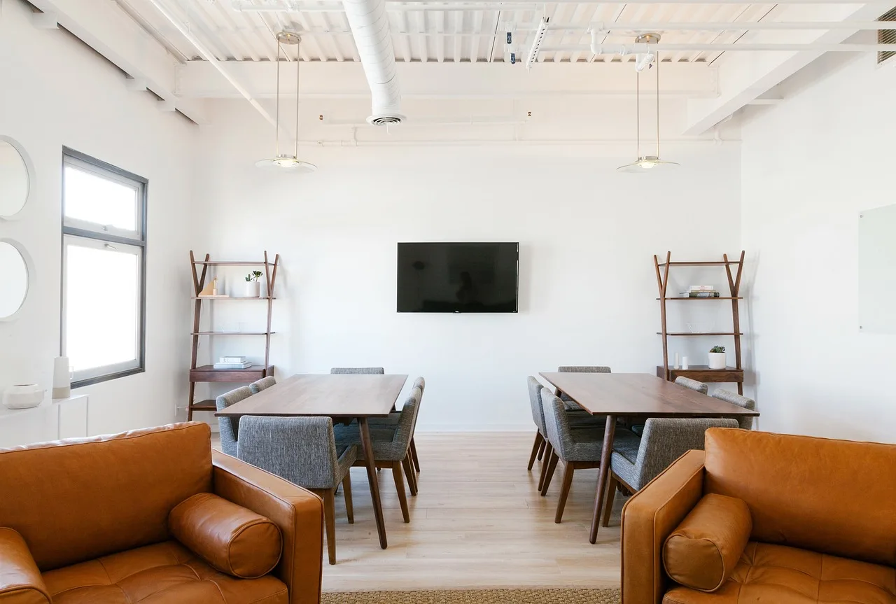 interior, design, tables, chairs, white, wall, ceiling, floor, meeting, room, office, frame, art, display, ceiling, ceiling, ceiling, ceiling, ceiling. Procedures that keep a coworking space consistent every day