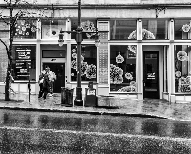 'Space To Ideate' It says on the door. Desks and working space is available on a month-to-month arrangement for people who need temporary space to work in in down town Portland, ME. Converted with Silver Efex Pro. Measuring service quality in a coworking space
