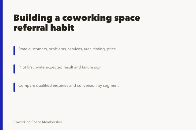 Card: coworking space referral program decisions, pilot, and conversion tracking. Building a coworking space referral habit