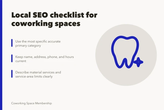 Checklist card for coworking space local SEO profile accuracy. Building a local SEO checklist that actually finds a coworking space