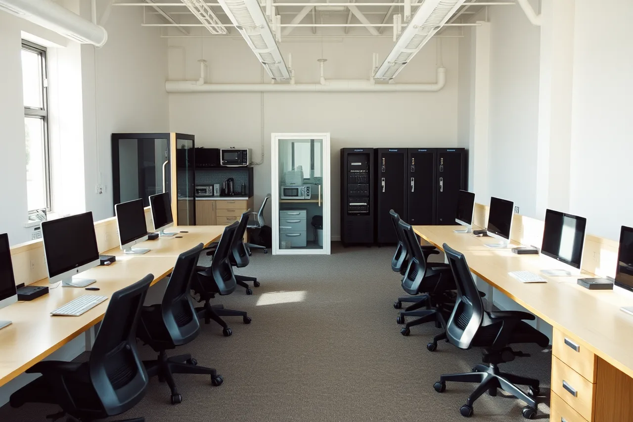 Newly fitted-out coworking space with desks, monitors, phone booths, kitchen, and network gear (How US tax law treats coworking membership revenue, from IRS forms to deferred income)