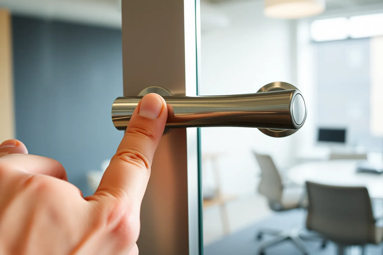 Hand pressing a lever door handle on a glass coworking meeting room door (ADA compliance guide for US coworking spaces, what operators miss)