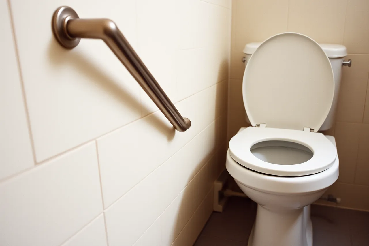 Stainless steel grab bar mounted beside a toilet in an accessible restroom (ADA compliance guide for US coworking spaces, what operators miss)